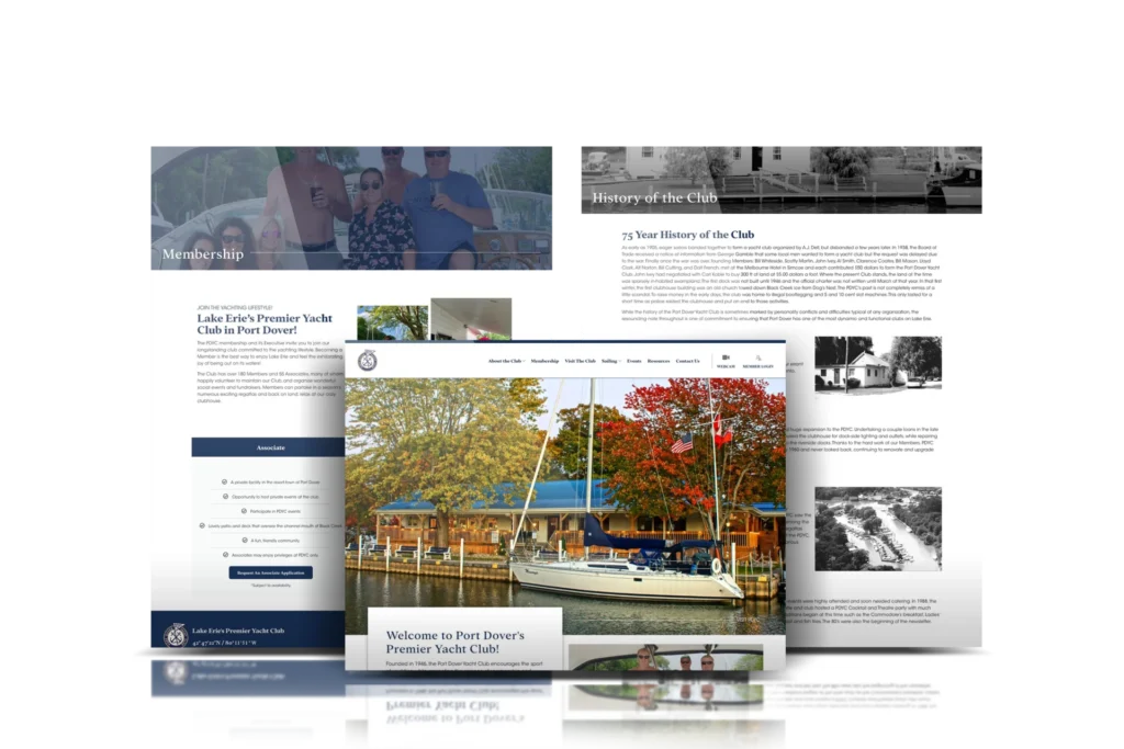 Port Dover Yacht Club website shown on a laptop and phone