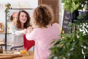 Happy saleswoman selling skincare products